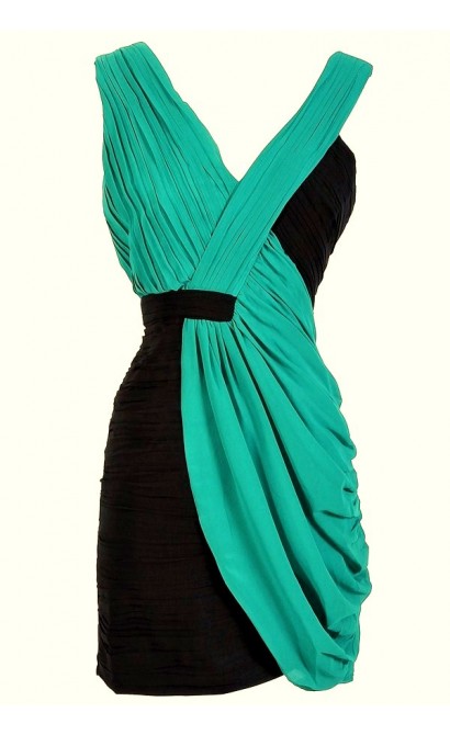 Two Tone V-Neck Pleated Chiffon Designer Dress by Minuet in Navy/Teal